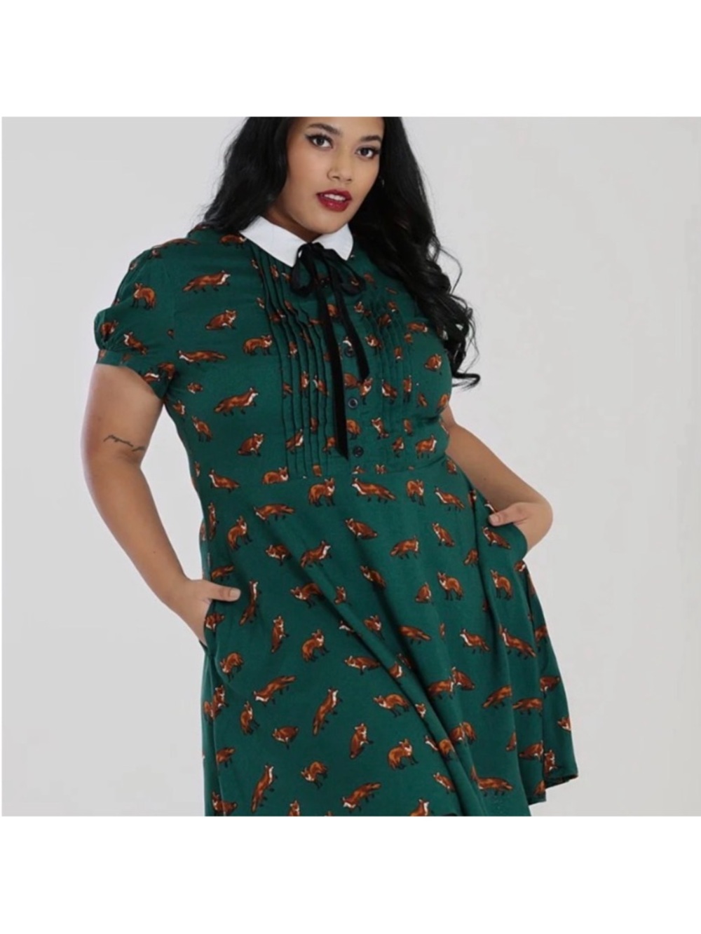 Hell Bunny Forest Green Fox Print A-Line Dress with Contrast Collar 2xl